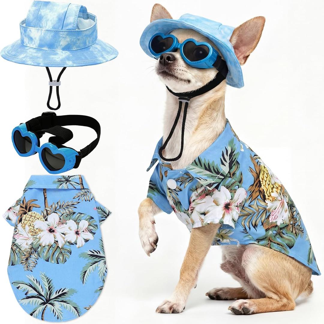 Small Summer T-Shirts Set Include Adjustable Pet Hat with Ear Holes Breathable Hawaiian Dog Shirt Heart Shape Sunglasses Beach Outfit Set for Puppy Small Pets Dog Cat(Blue,S)
