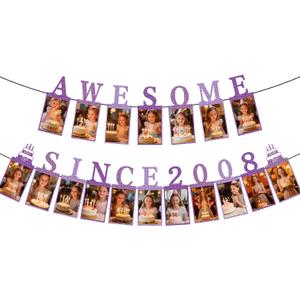 18th Birthday Decorations for Girls,Pre-strung Awesome Since 2008 Photo Banner,Purple Glitter 18th Birthday and Anniversary Decorations Party Supplies