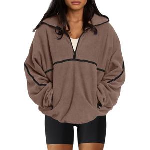 LASLULU Womens Half Zip Pullover Sweatshirt Sherpa Fleece Jacket Oversized Sweatshirts Warm Fuzzy Sweaters Pockets (Medium, Brown)