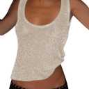 Women Sexy Fishnet Knit Glittering Scoop Neck Crop Tank Going Out Top Sheer Mesh Solid Slim Cropped Vest Cami Tops, Apricot Small
