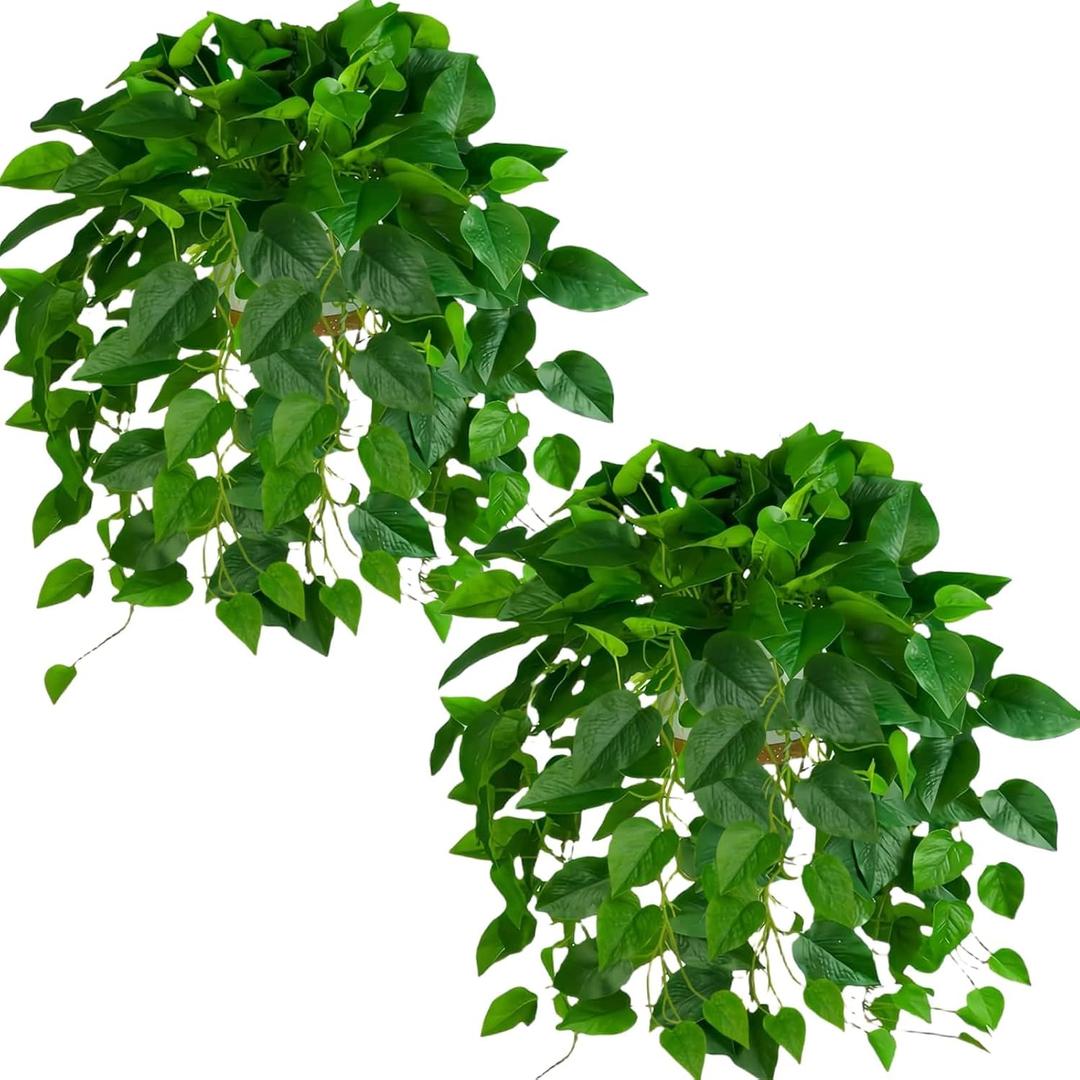 QIANYUN Fake Pothos Ivy Plant for Home Decor  40" Fake Hanging Plants with Pot, Artificial Silk Greenery for Indoor Shelf, Bedroom, Living Room, Bathroom, or Office Decoration