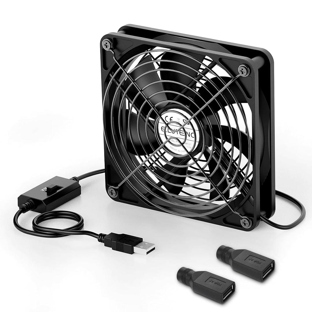 ELUTENG Computer Fan USB 120mm with DC to USB Female Adapters, 3 Adjustable Speeds PC Fans 5V Electronics Cooling Fan with Metal Grill for Laptop/TV Box/AV Cabinet/PS5/PS4/Router/Projector, Black
