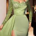 Mermaid Satin Prom Dresses for Women 2026 Long Sleeve Sequin Formal Dress Sparkly Evening Party Gowns with Slit (Green)