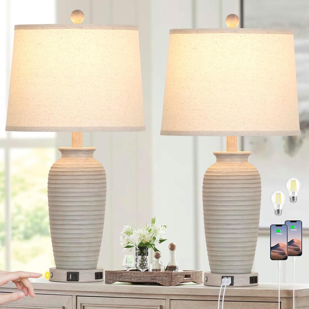 CINSARY 25" Farmhouse Jar Table Lamps Set of 2, 3 Way Touch Control Rustic Bedside Lamps with USB A+C Ports & AC Outlet, Pot Nightstand Lamps for Bedroom Living Room (LED Bulbs Included)