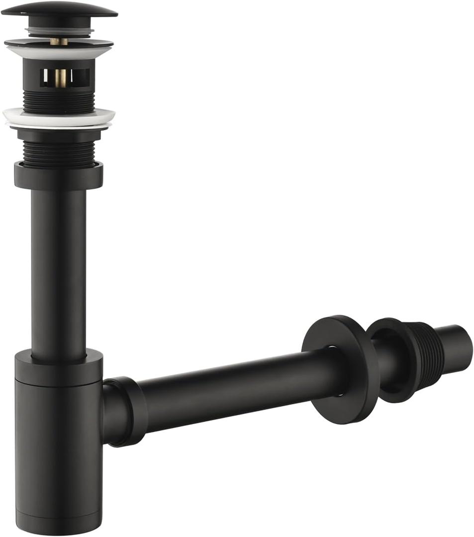 Bathroom Sink Stopper P-Trap Complete Set Adjustable Bottle Trap Solid Brass Sink Drain Kit Tube and Pop Up Drain Stopper Set with Overflow, Matte Black