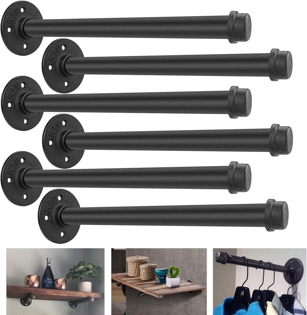 6 Pack Industrial Pipe Shelf Brackets 12 Inches Iron Pipe Floating Shelf Bracket 12 Inch Black Heavy Duty Wrought Metal Shelfs Bracket Wall Shelves Brackets for Garment Rack Vintage Furniture