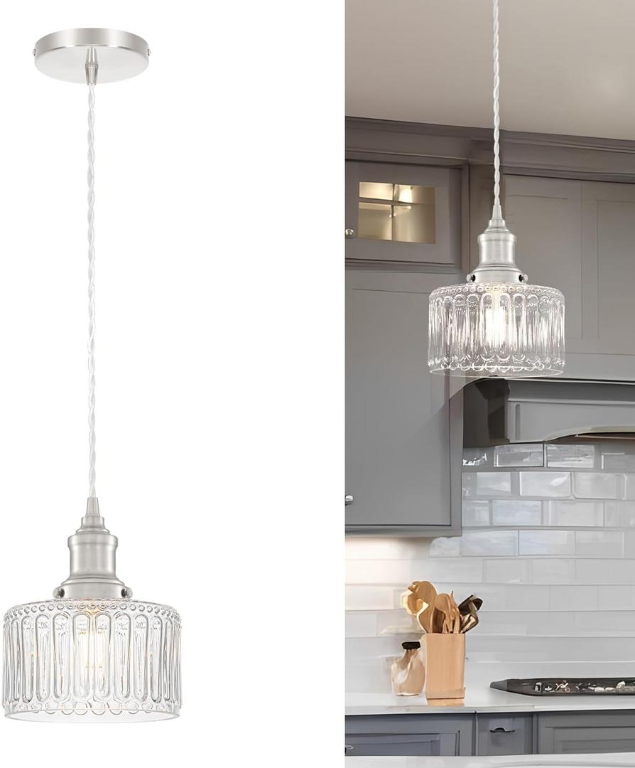 Brushed Nickel Pendant Lights Kitchen Island, Vintage Pendant Light Clear Striped Glass Lmapshade, Rustic Kitchen Pendant Lighting Over Island, Adjustable Hanging Light for Dining Room Hallway (6.9in-1pc)