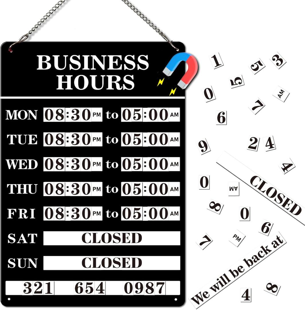 Magnetic Changeable Business Hours Sign, Metal Hours of Operation Signs for Business, Store Hours Sign for Glass Door or Window (BLACK)