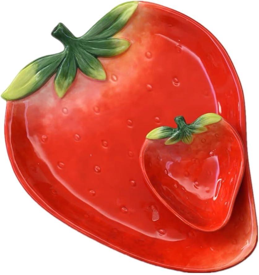 Ceramic Red Strawberry Chip and Dip Serving Trays, Appetizers and Cheeses Serving Platter, Ideal for Snacks, Veggies, Fruit-11inches