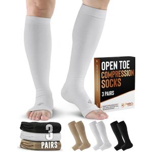 Doctor's Select 3 Pairs Copper Toeless Compression Socks Women & Men - 20-30 mmHg Open Toe Compression Socks Women, Knee High Black, White, Nude Compression Sock (Large-X-Large)