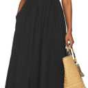 Aigeman Women Detachable Strap Dress Strapless Smocked Bodice Maxi Dress Pockets Long Swing Flowy Beach Sundress 373 (Black, L)