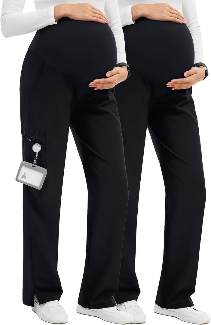GLAMIX Women's Maternity Scrub Pants Stretchy Straight-Leg Medical Pants with 5 Pockets and Side Vents(Black/Black, M)