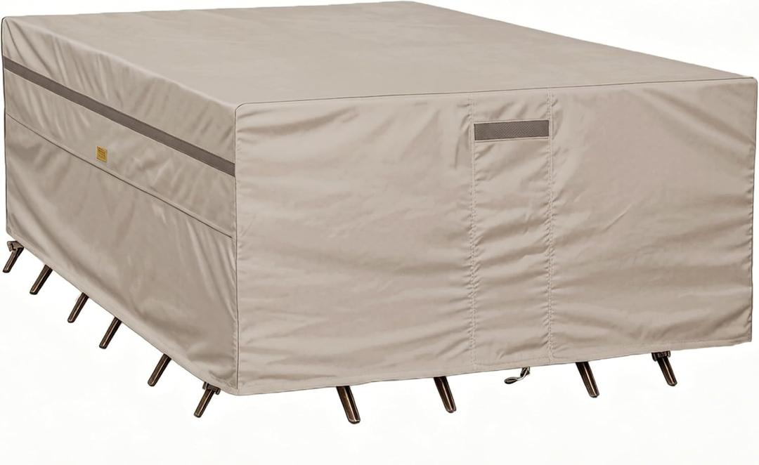 Garden Blasam Patio Table Cover Outdoor Furniture Waterproof 90 Inch Beige | Patio Furniture Covers 600D Heavy Duty,Outdoor Dining Table Cover UV Resistant,Windproof Buckles,Air Vent,Handles,All Weather