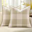 DecorUhome Summer Buffalo Plaid Check Throw Pillow Covers 18x18 Set of 2 Outdoor Linen Decorative Farmhouse Gingham Pillow Covers with Stitched Edge for Bed Couch Sofa, Cream White and Beige