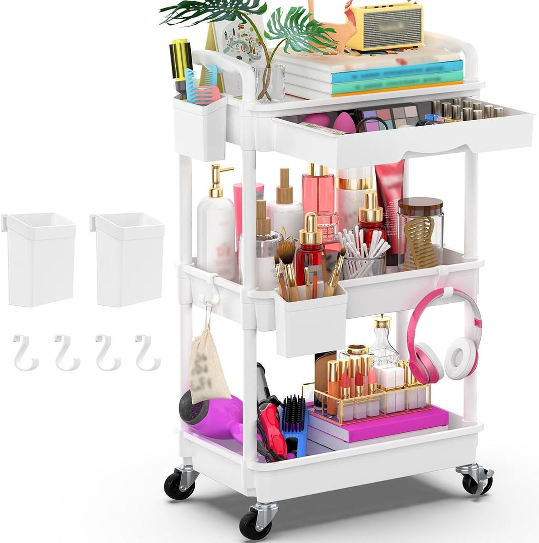 Goovilla 3 Tier Rolling Utility Cart Organizer with Removable Drawer, Stable and Sturdy White Rolling Storage Carts with 2 Lockable Wheels for Bathroom, Kitchen, Snack, Craft, Makeup, Baby Essentials, White