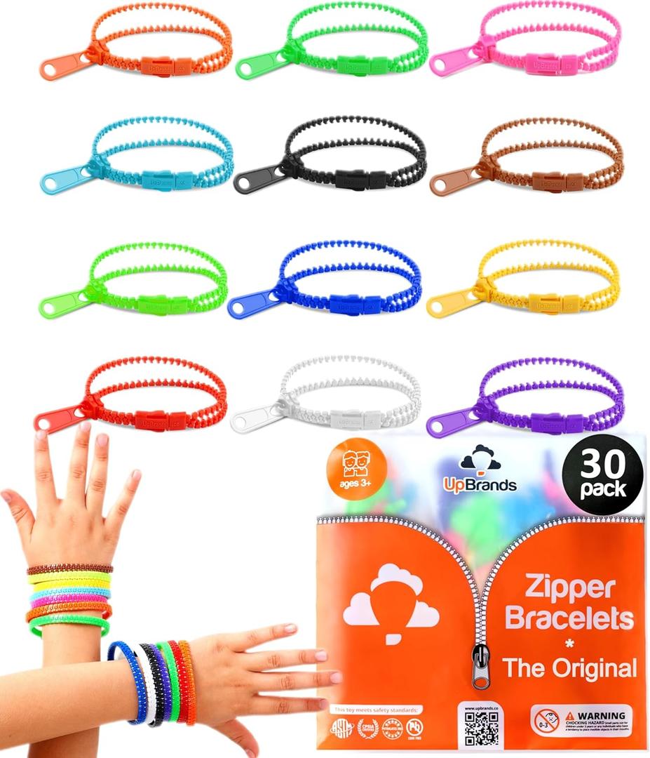 UpBrands 30 Pack Fidget Zipper Bracelets for Kids  Wearable Sensory Toys for Classroom Rewards, Prize Box Toys, Party Favors & Non-Candy Easter Egg Fillers