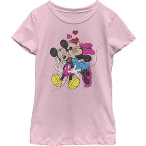 Disney Characters Mickey Minnie Love Girl's Solid Crew Tee (Medium, Light Pink)