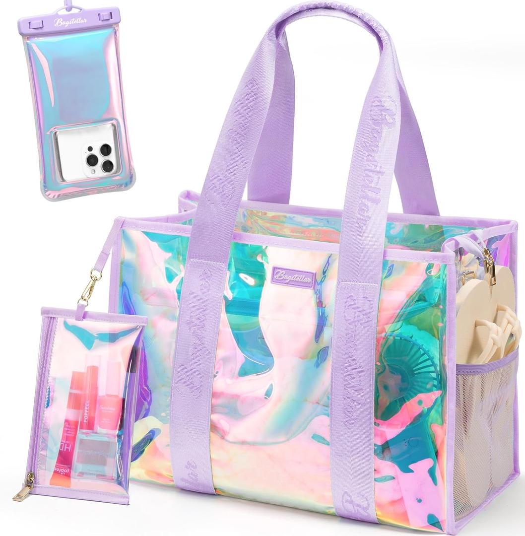 Beach Bag for Women Clear Iridescent Zipper Pool Swim Beach Tote Bag w/Makeup Bag & Waterproof Phone Pouch Summer Essentials (Lavender)