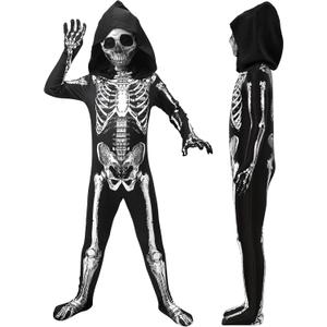 Skeleton Costume Kids,Halloween Scary Costume for Boys,Hooded Skeleton Jumpsuit with Mask for Kid Boy Girls (7-8 Years)