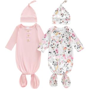 woshilaocai 2 Pack Baby Boy Girl Gown Sleeper Newborn Knotted Nightgown and Hat Set Infant Sleepwear (0-3 Months, Floral & Pink)