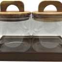 Glass Storage Jars with Airtight Brown Acacia Wooden Lid 23oz 2Pack with Vanity Tray,Kitchen Canisters for Foods with Wood Handle,Containers for Bathroom Decor