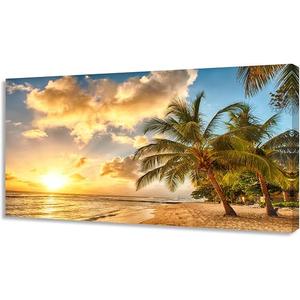 Wall Art Canvas Painting Golden Ocean Beach Palm Tree 1 Piece Sunset See Coconut Trees Landscape Picture Poster Print Framed and Stretched Ready to Hang for Living Room Bedroom Office Artwork, 58"L x 29"W, Yellow
