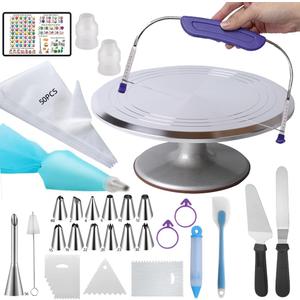 12 Inch Cake Turntable,78Pcs Rotating Aluminum Alloy Rotating Cake Stand,Cake Decorating Kit With Stainless Steel Icing Scrapers,Icing piping Tips,Piping Bags,Cake Leveler,Icing pen,Pie server,Spatula