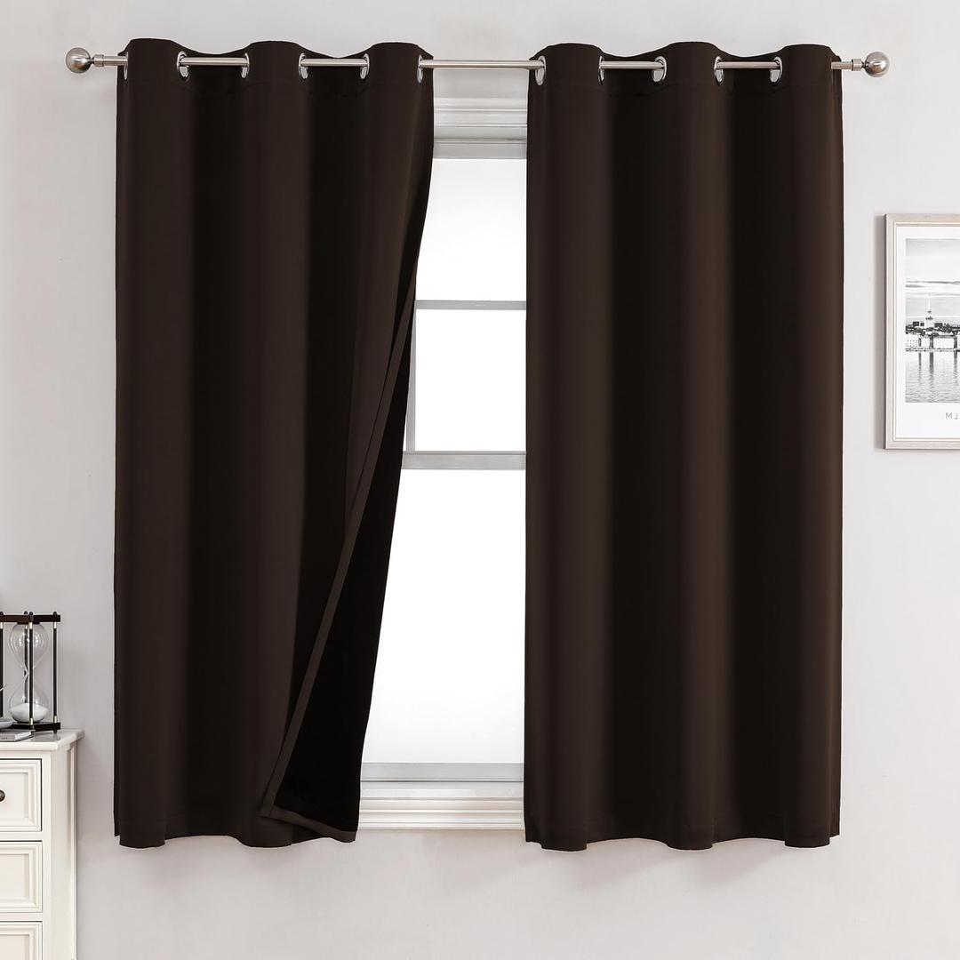ChrisDowa 100% Blackout Curtains for Bedroom with Black Liner, 2 Thick Layers Total Blackout Thermal Insulated Grommet Small Window Curtains 2 Panels Set (Brown, 42 x 45 Inch) (42"W x 45"L (Pack of 2))