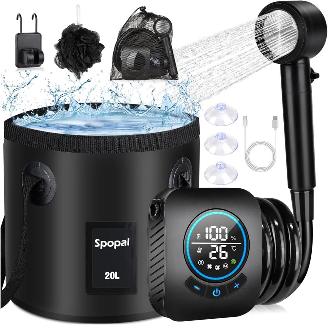 Portable Shower for Camping, [Upgraded] Spopal 8000mAh Rechargeable Camping Shower with 5 Adjustable Speeds, 4 Spray Modes with Collapsible with Handle 20L for Hiking, Travel, Car, Pet