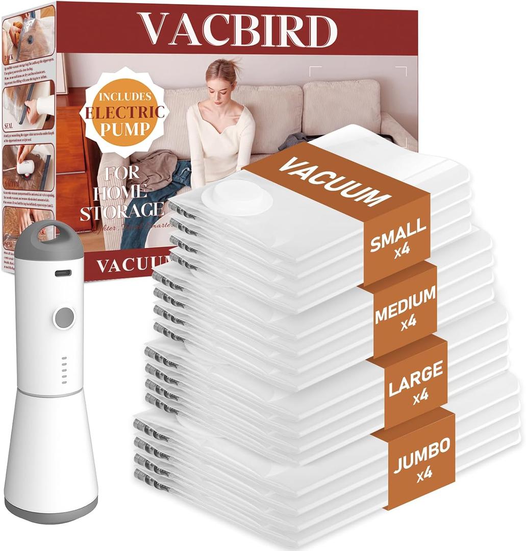 Vacbird Vacuum Seal Bags for Clothing, 16 Pack Vacuum Storage Bags with Rechargeable Cordless Air Pump(4J+4L+4M+4S), Space Saver Bags for Clothes Blanket Duvets Pillows Comforters Travel, 4.13 Inches X 6.3 Inches X 11.22 Inches