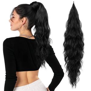 Flufymooz Ponytail Extension, Flexible Wrap Around Ponytail Extension Long Wavy Curly Ponytail Hair Extensions Natural pony tail Synthetic Hairpiece for Women 26 Inch (Natural Black) Flufymooz Ponytail Extension, Flexible Wrap Around Ponytail Extension Long Wavy Curly Ponytail Hair Extensions Natural pony tail Synthetic Hairpiece for Women 26 Inch (Natural Black)