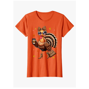 Leopard Turkey Drinking Coffee Thanksgiving Women Turkey Day T-Shirt X