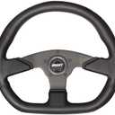 Steering Wheel, Performance and Race, 13-3/4 x 11-3/4 in Diameter, Oval, 3-Spoke, Black Leather Grip, Aluminum, Black Anodized, Each