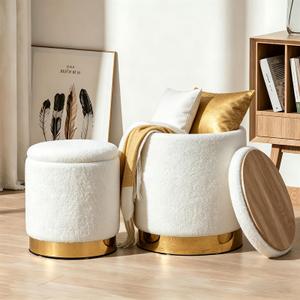 Round Ottoman with Storage Set of 2 Black Velvet Vanity Stool Upholstered,Small Ottoman Coffee Table,Removable Lid,Foot Stool for Living Room,Bedroom,Assembly Free,Gold and Black 14.75"D x 14.75"W x 17.75"H