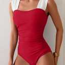 B2prity Womens One Piece Swimsuit Retro Square Neck Tummy Control Bathing Suits Ruched Modest Full Coverage Swimwear (Red, L)
