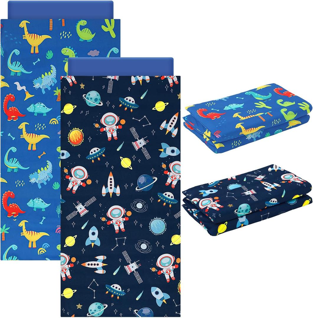 2 Pcs Dinosaurs Nap Mat Cover for Boys Girls Sewn in Flap Design Blue Sleeping Kids Astronauts Nap Mat Covers Soft Microfiber Cot Sheet for Preschool Kindergarten Toddler Daycare (Fit 48" x 24" Mat)