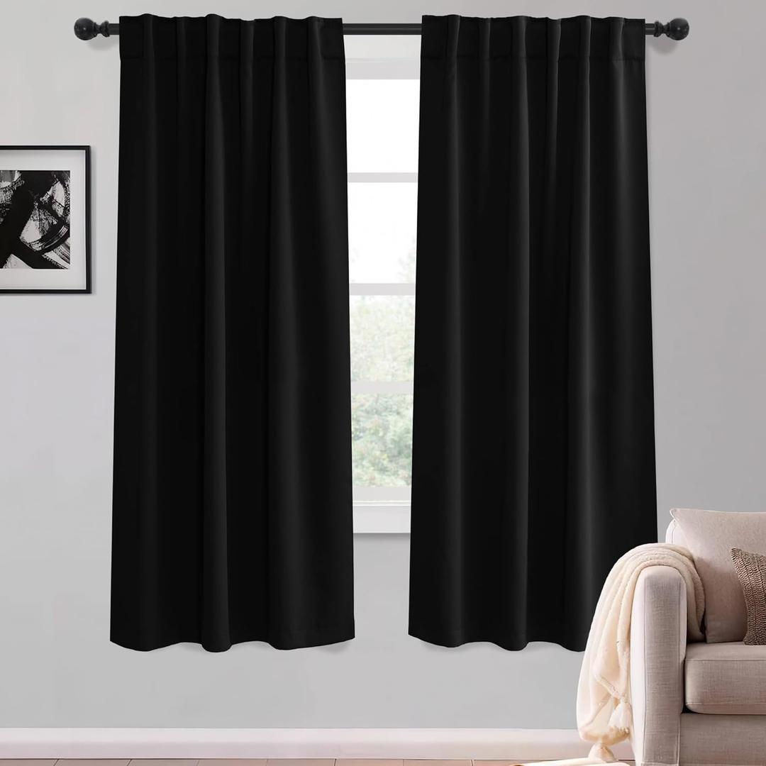 KGORGE Black Blackout Curtains 63 inch Length, Room Darkening Thermal Insulated Noise-Reducing Black Out Curtains for Bedroom Living Room Windows, Back Tab Rod Pocket, W52 x L63 inches, 2 Panels
