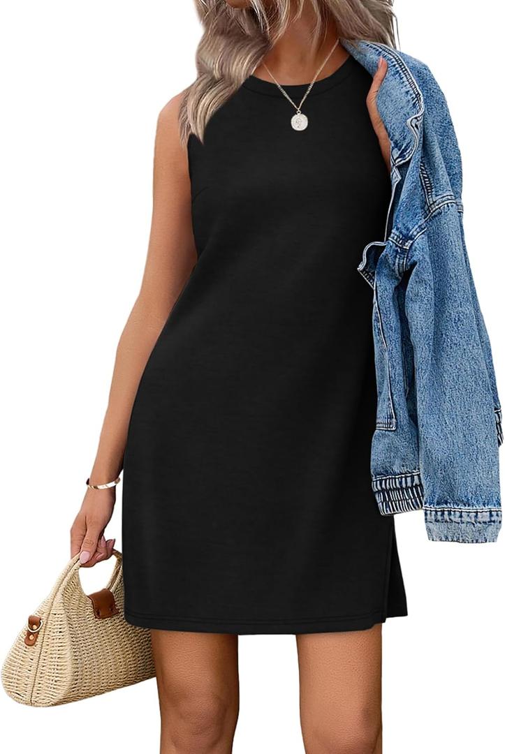 WIHOLL Casual Dresses for Women Crewneck Sleeveless Tank Dress Summer Spring Boho Vacation Clothes (X-Large, Black)