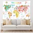 Riyidecor Kids Map Tapestry 91Wx71H Inch World Cartoon Animal Cute Educational Geography Learning Tools Colorful Continents Wildlife Wall Hanging for Boys Girls Home Dorm Decor Art Living Room Bedroom