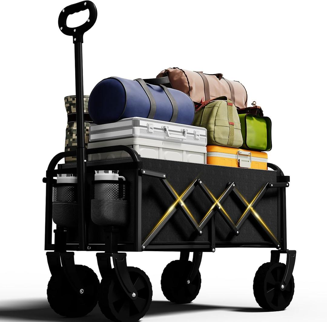 Foldable Wagon, Collapsible Wagon with Wheels, Wagons Cart with Flexible Handle, Portable Grocery Utility Wagons for Camping, Garden, Sports, Black