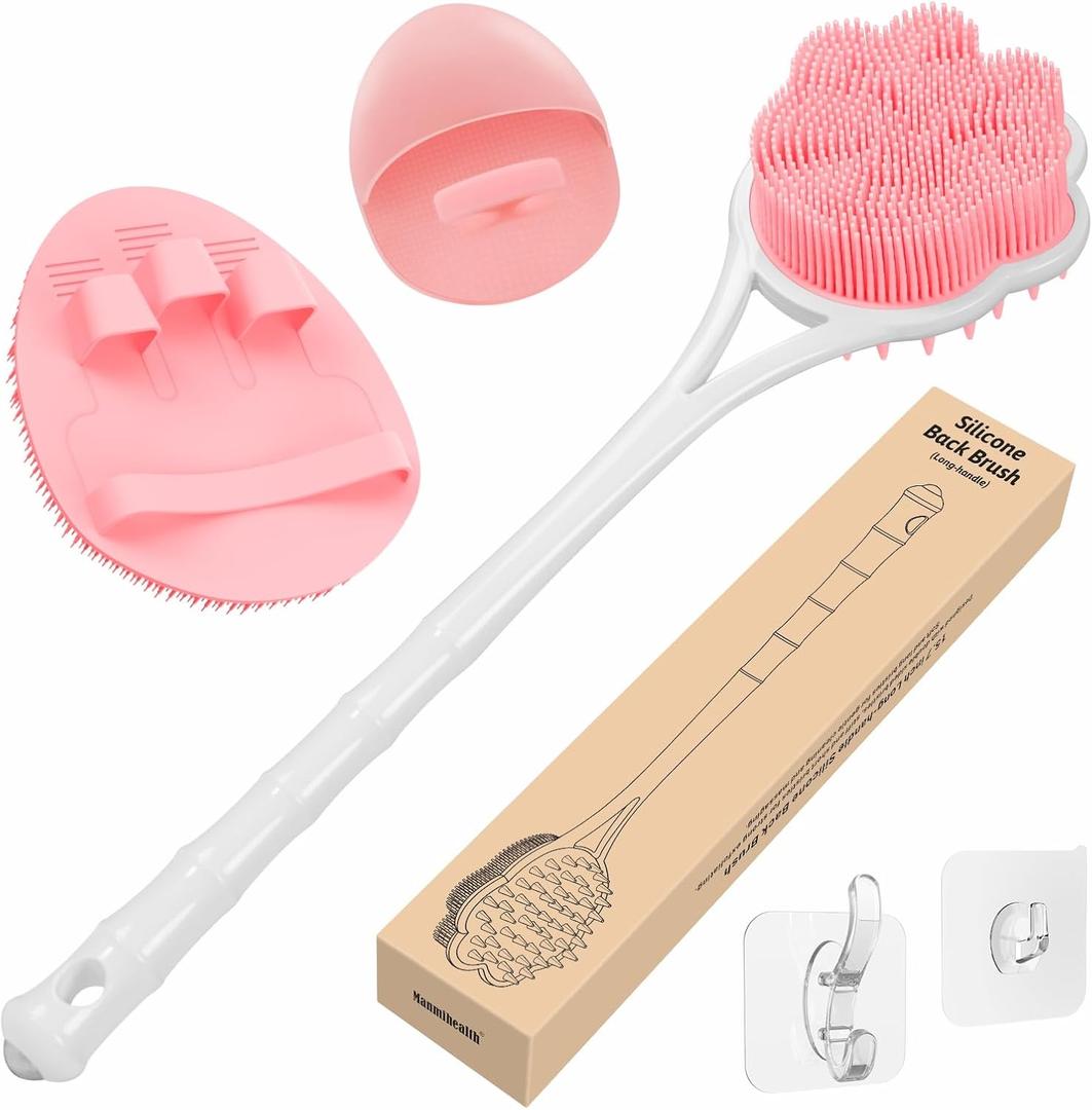 Manmihealth 15.7" Cute Silicone Back Scrubber & Soft Shower Brush Face Scrubber Set (3 PCS), Paw-Shaped Silicone Back Brush & Body Facial Scrubber with Super-Soft Bristles Combination(PinkSet)