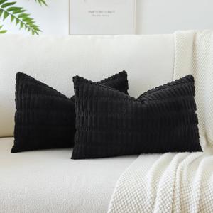 OTOSTAR Pack of 2 Soft Corduroy Decorative Throw Pillow Covers 16 x 24 Inch Boho Striped Pillow Covers Lumbar Cushion Case Couch Pillowcases for Sofa Bed Home Decor (Black)