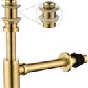 Bathroom Sink Stopper P-Trap Complete Set Adjustable 1-1/4 Bottle Trap Solid Brass Sink Drain Kit Tube and Pop Up Drain Stopper Set Without Overflow, Brushed Gold