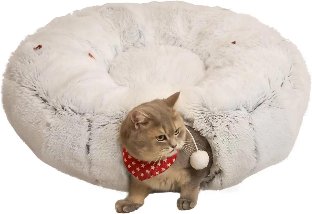 Warmer Plush Cat Play Tunnel With Bed for Indoor Cats - Soft Tubular Playground Toys, Collapsible Multifunctional for Small Medium Large Cats and Puppies (Grey)