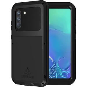 LOVE MEI Military Rugged Case for Samsung Galaxy S21 Fe, with Tempered Glass Screen Protector, Shockproof Dustproof Scratch Proof Hybrid Metal and Silicone Gel Heavy Duty Full Body Cover Black