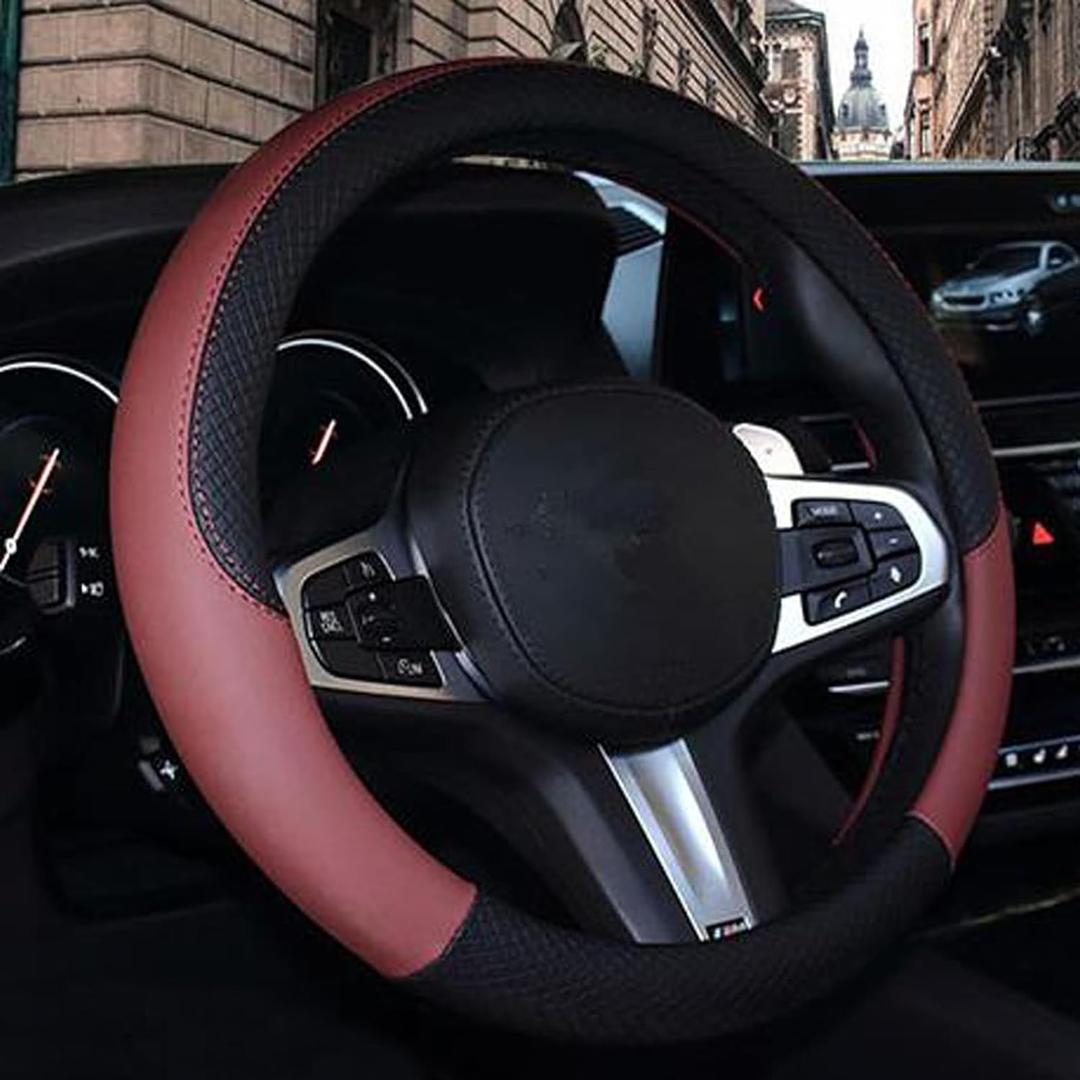 SHIAWASENA Car Steering Wheel Cover, Leather, Universal 15 Inch Fit, Anti-Slip & Odor-Free (Black&Red)
