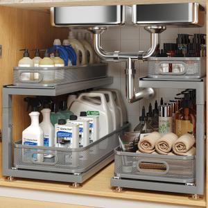 2-Pack 21.3 IN Depth Under Sink Organizer With Next-Gen Ball-Bearing Slides,Sophisticated Mesh 2-Tier Pull Out Shelf for Kitchen & Bathroom,Fits Small Items-Gun Gray