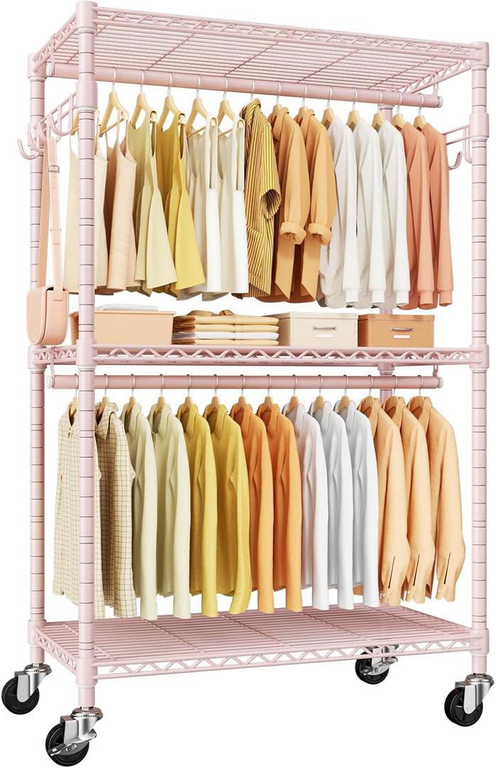 ULIFHOME P1 Rolling Closets with Wheels and Shelves, Portable Closet Wardrobe for Clothes Hanging, Pink Clothing Storage and Organizer System for Bedroom, 35.5" W x 15.7" D x 80.5" H, Hold 500lbs