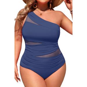 Aqua Eve Plus Size One Piece Swimsuit for Women Tummy Control Bathing Suits One Shoulder Swimwear (Ash Blue, 16W)