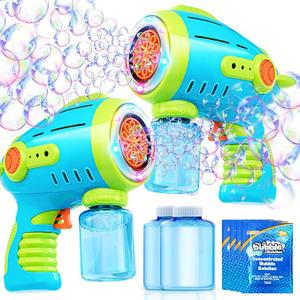 Sloosh 2 Packs Bubble Gun for Kids with 10 Holes, Bubble Machine Gun for Toddlers 13, Automatic Light Up Airship Blower with 2 Bottles 4 Bags Refill Solution, Summer, Outdoor Toy, Party, Easter, Gift